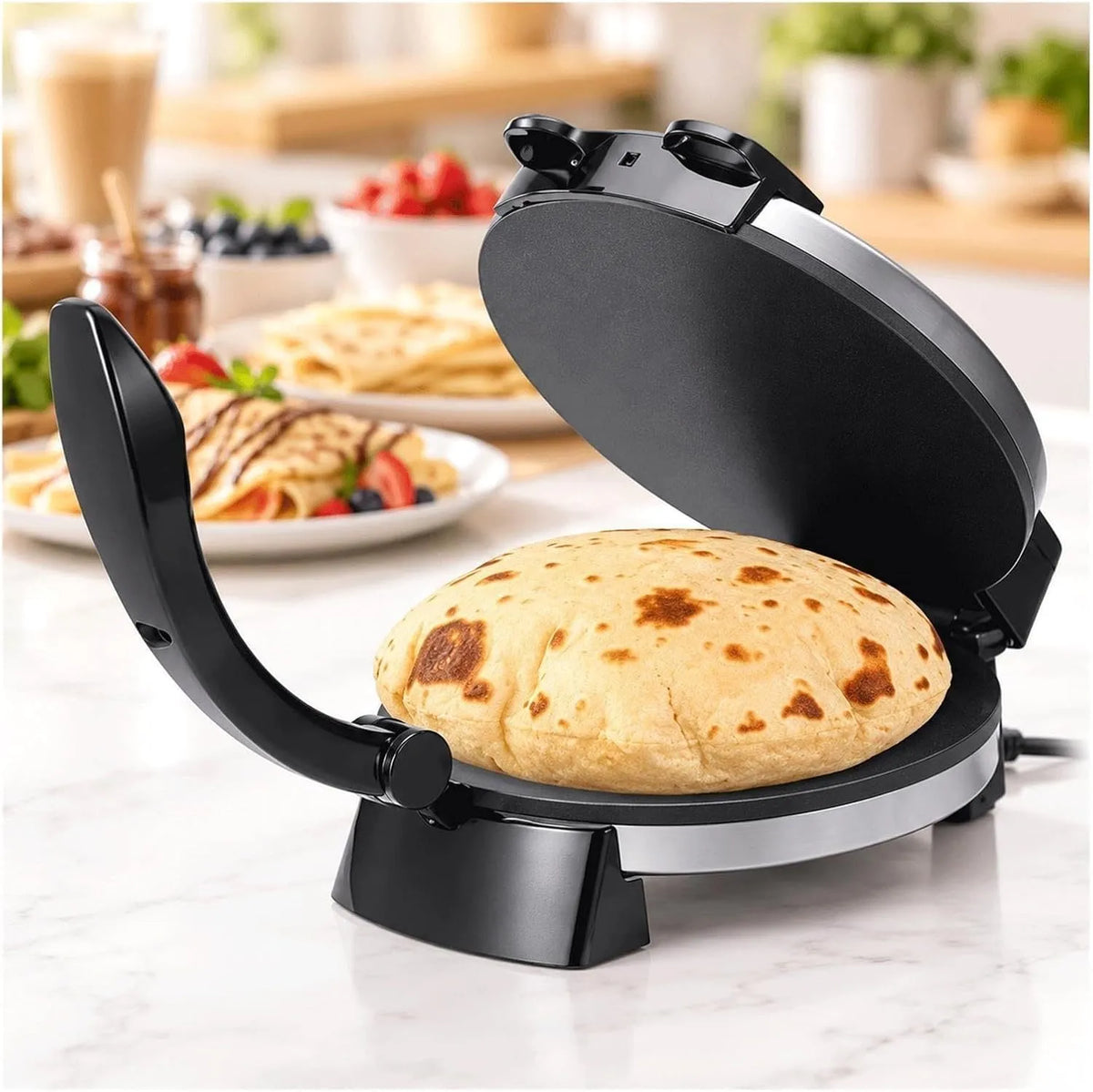 Tortilla Maker Machine met 12 Inch, 32 x 25 x 7cm, 1200 W, 75inch, 1-2 cm, 24 uur, RVS en rood