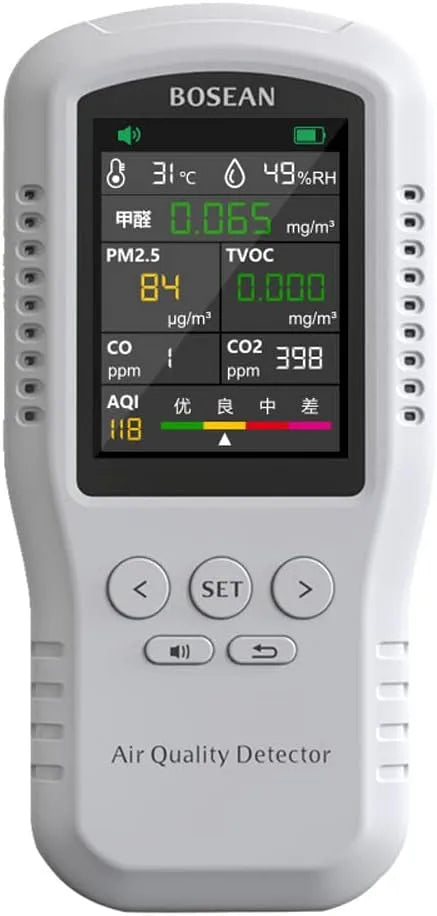 Luchtkwaliteitsmeter, CO2, CO2, CO, PM2,5, HCHO TVOC, temperatuur-vochtigheidsmonitor, digitale luchtkwaliteitsdetector voor thuisgebruik