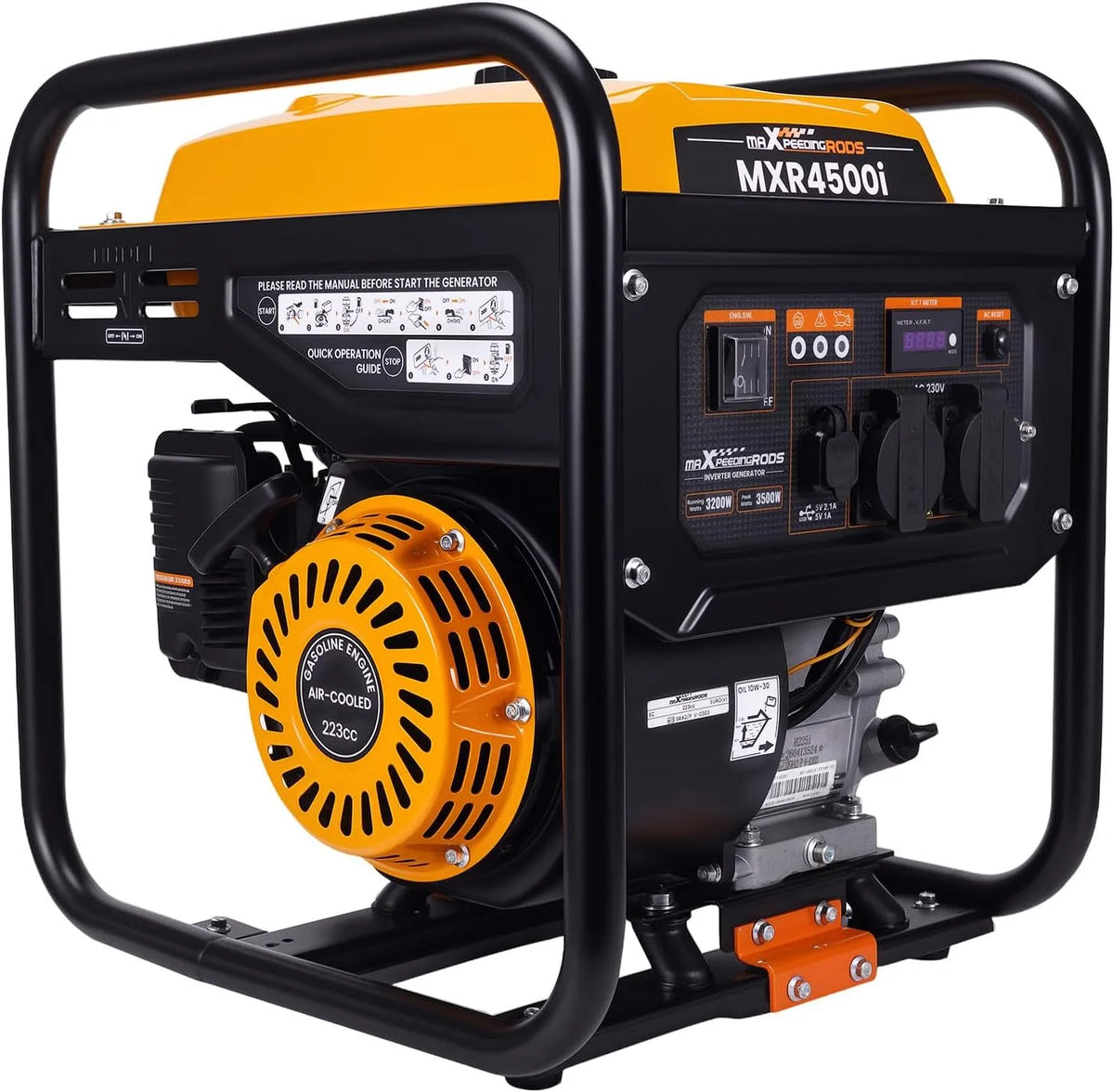 MaXpeedingrods Stroomgenerator 3500 W inverter benzine met 3500 W, 7,5 l, 8,5 uur, 223 cc, 2 x 230 V, USB en invertertechnologie