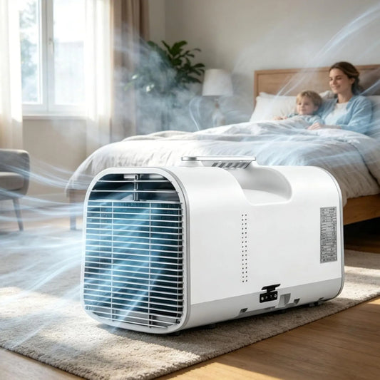Mobiele airconditioner, 4 modi in 1, binnen en buiten, laag geluidsniveau 42 dB, Draagbare airconditioner, zelfverdamping, campers, slaapkamers