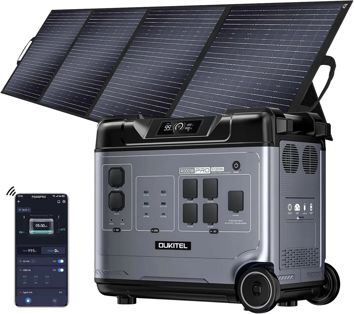 Draagbaar powerstation, P5000, 3600 W, 200 W, 5120Wh Solargenerator met LiFePO4-batterij