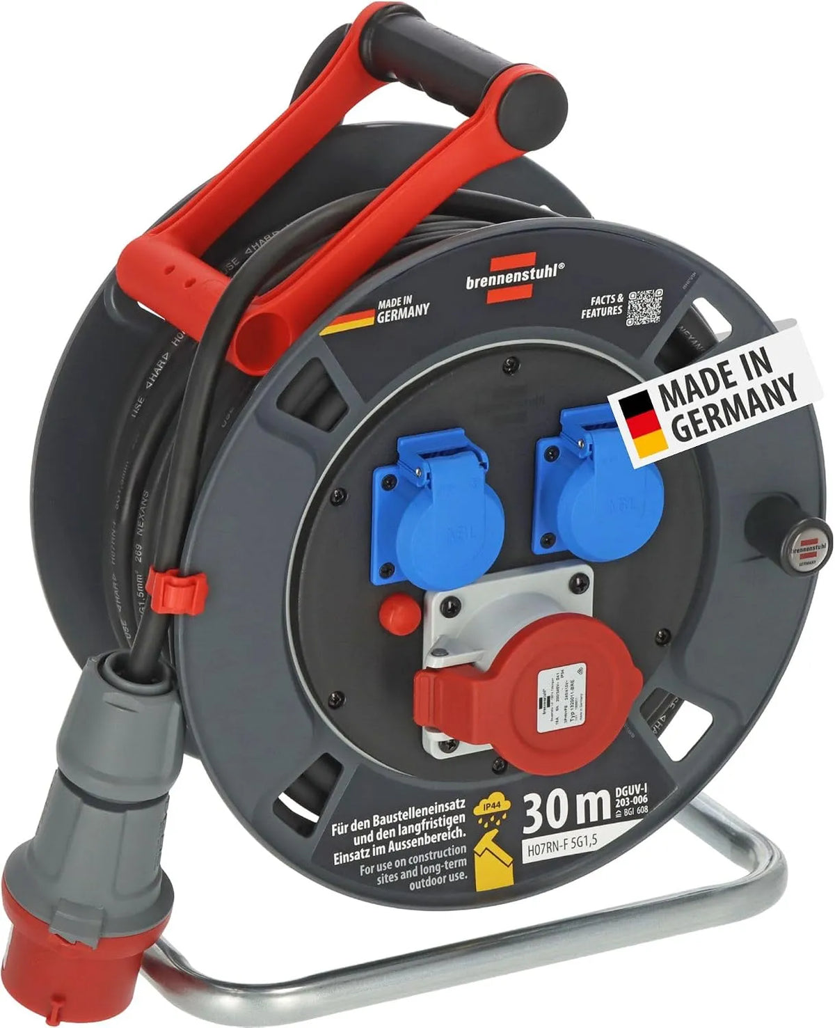 Kabelhaspel, permanent buitengebruik IP44, Made in Germany, kabelhaspel CEE kabelhaspel met 30m kabel in