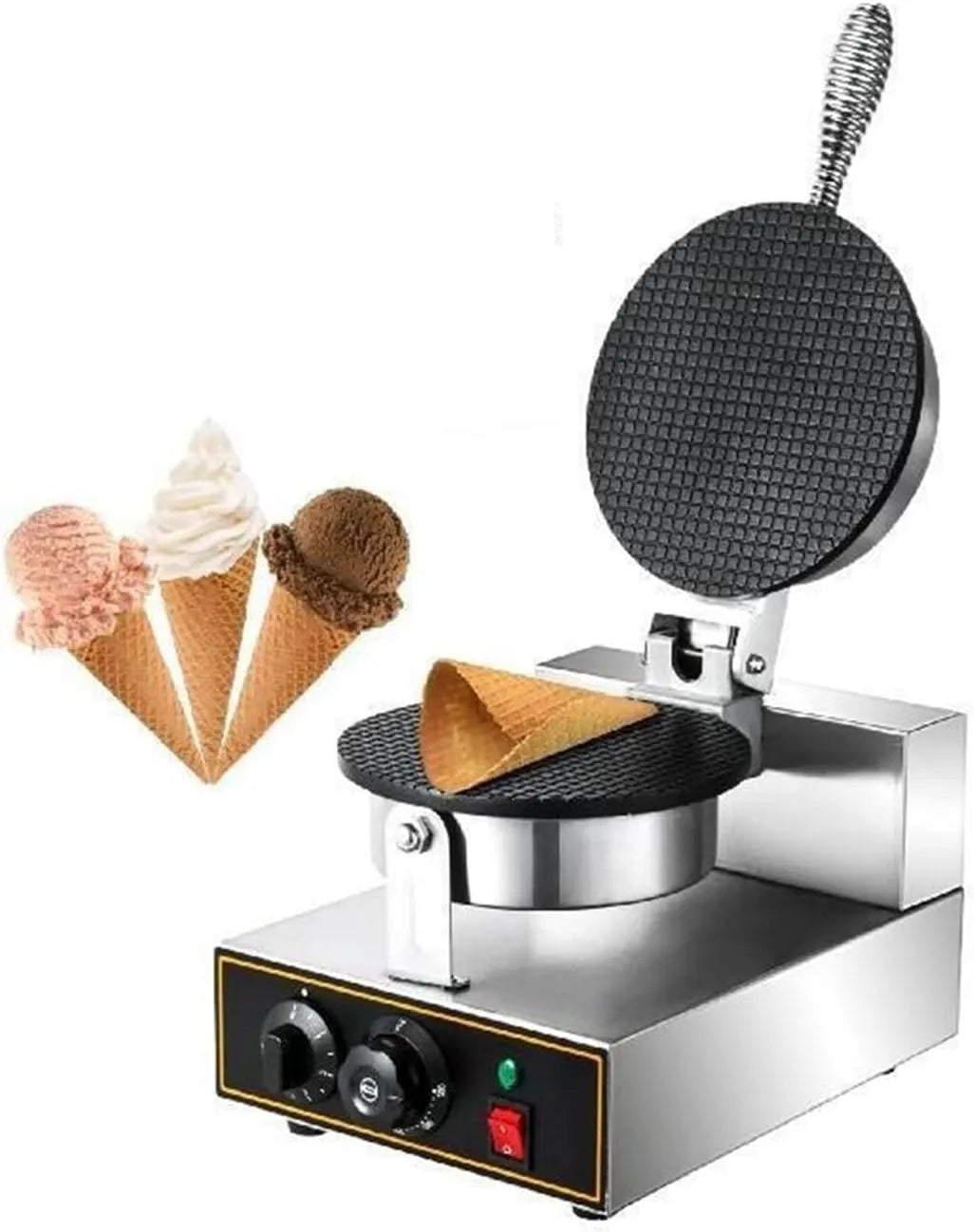 Wafelijzer Kegel Machine met 320 x 250 x 530 mm, 1000 W, 7,9 inch, 0-5 minuten, RVS en aluminium