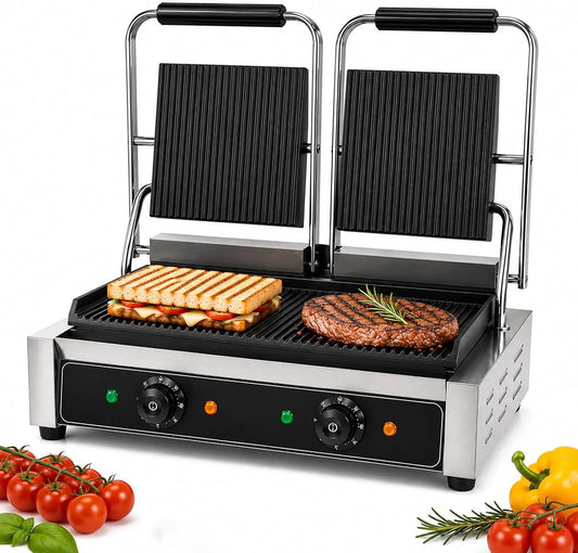 Paninigrill met 240 x 230 mm, 310 x 362 x 210 mm, 360 x 240 mm, 430 x 362 x 210 mm, 490 x 240 mm, 570 x 362 x 210 mm, 50–300°C en 1800 W